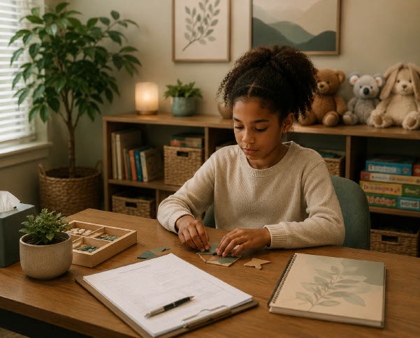 A young client working through assessment activities in a calm, welcoming office